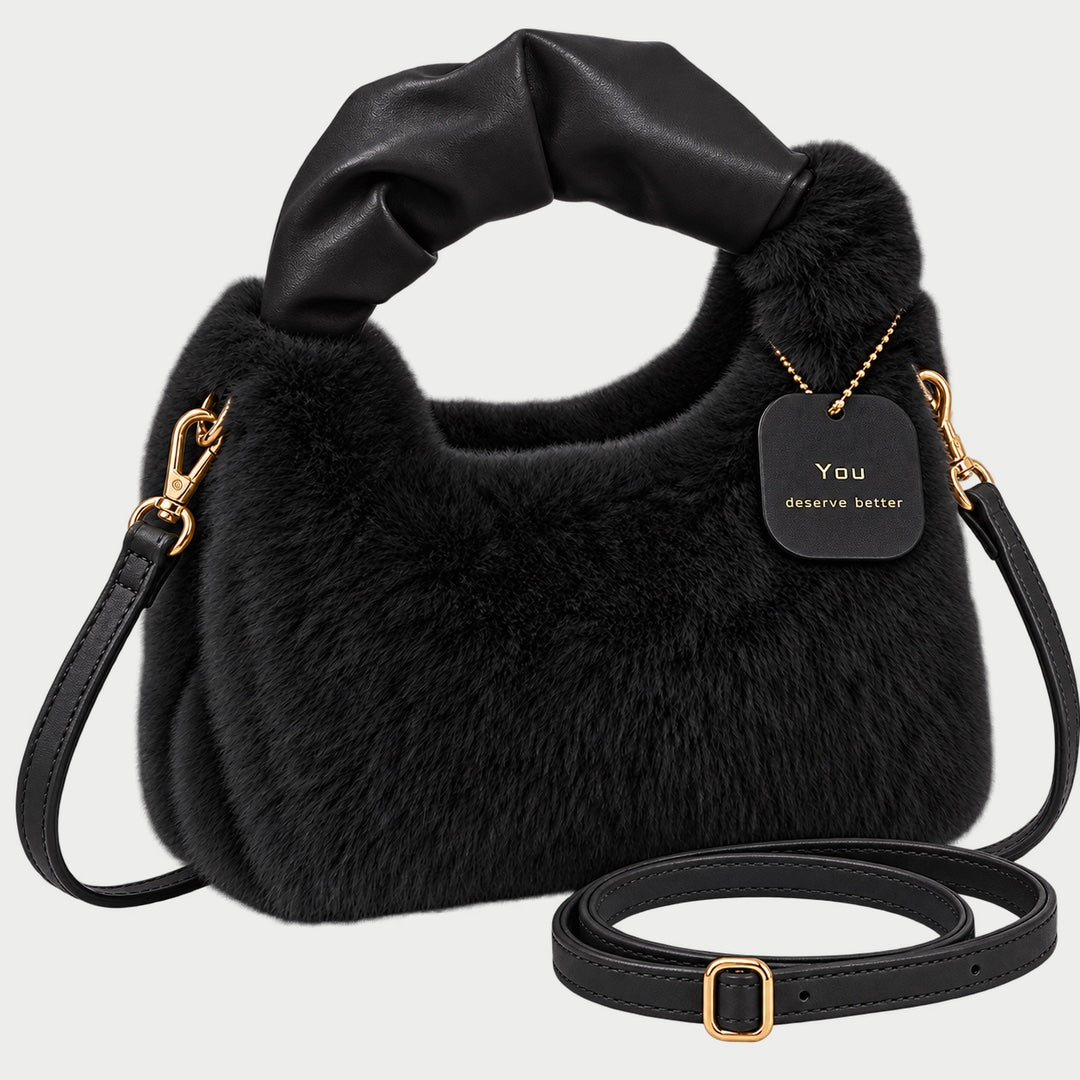The Debbie Faux Fur Shoulder Bag with Top Handle in Black
