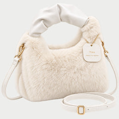 The Debbie Faux Fur Shoulder Bag with Top Handle in Cream