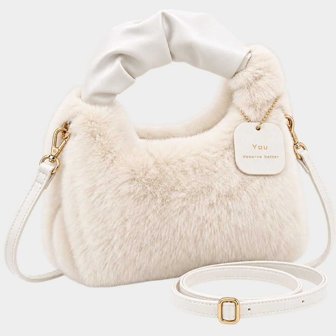 The Debbie Faux Fur Shoulder Bag with Top Handle in Cream