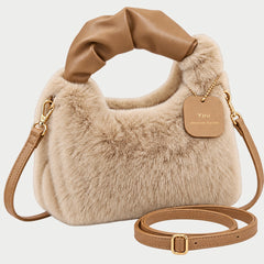 The Debbie Faux Fur Shoulder Bag with Top Handle in Khaki