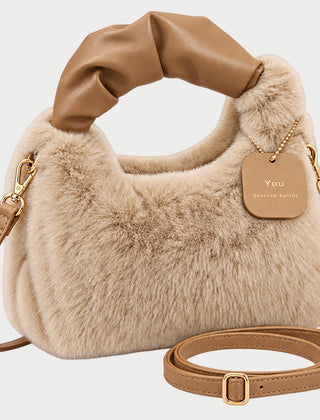 The Debbie Faux Fur Shoulder Bag with Top Handle in Khaki