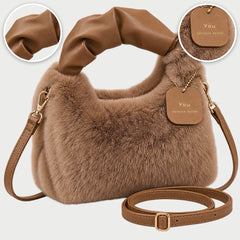 The Debbie Faux Fur Shoulder Bag with Top Handle in Brown, with close-ups of the details