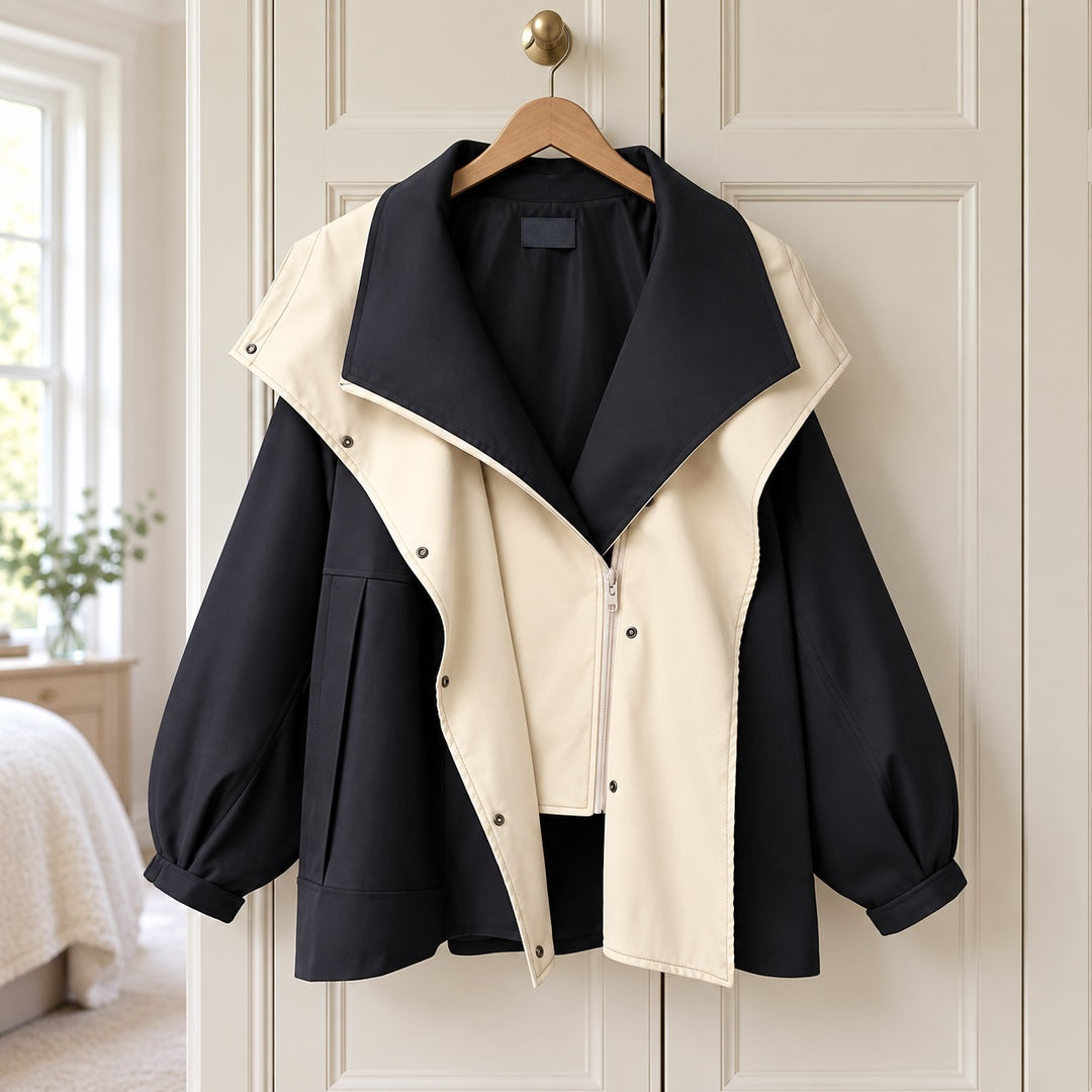 The Della Hooded Contrast Zip Jacket in Black on a hanger