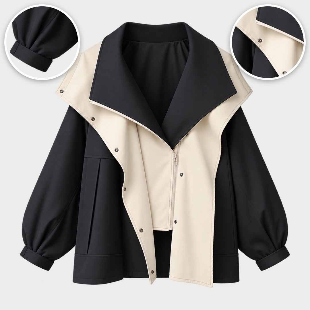 The Della Hooded Contrast Zip Jacket in Black, with close-ups of the details