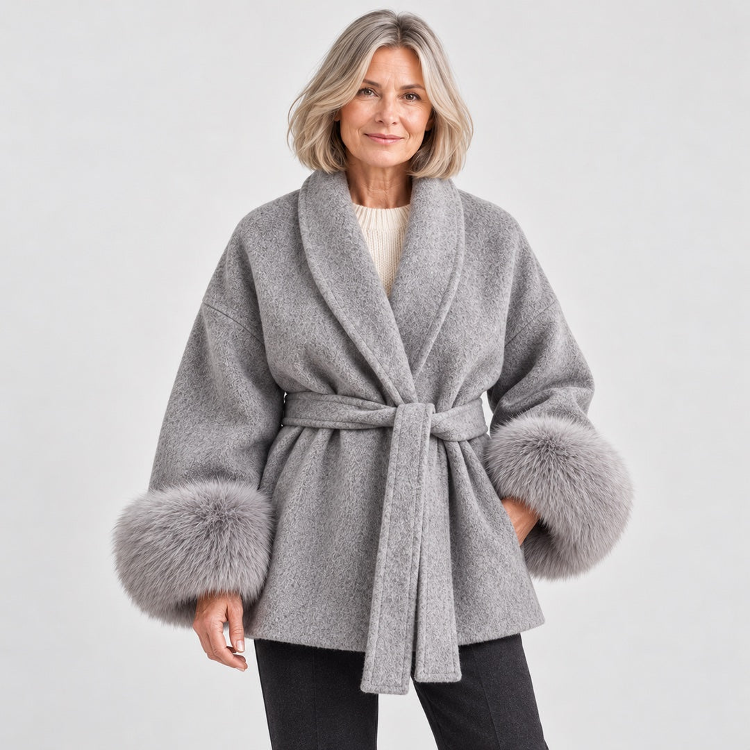Close-up of the Dianne Belted Wrap Coat with Faux Fur Cuffs in Grey