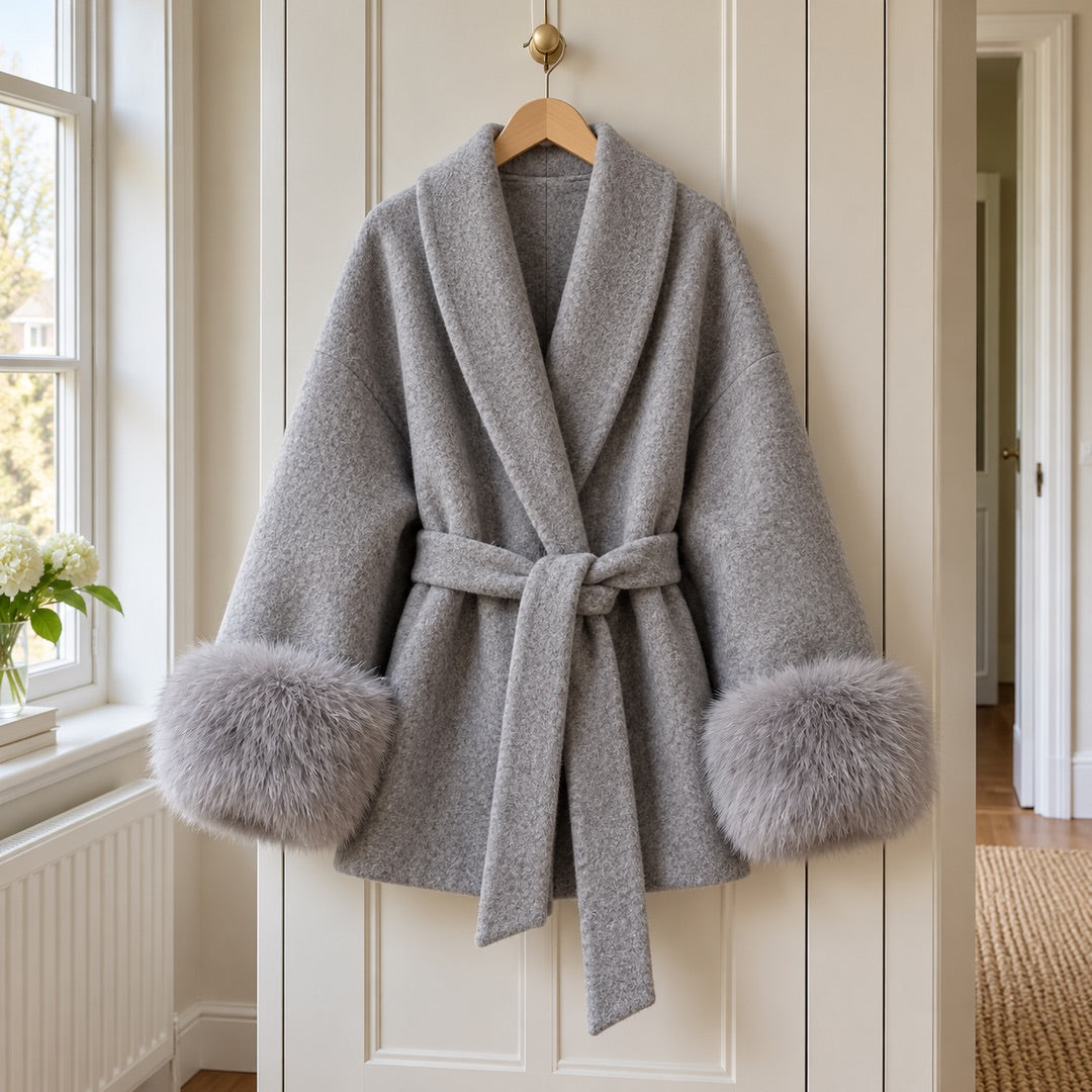 The Dianne Belted Wrap Coat with Faux Fur Cuffs in Grey on a hanger