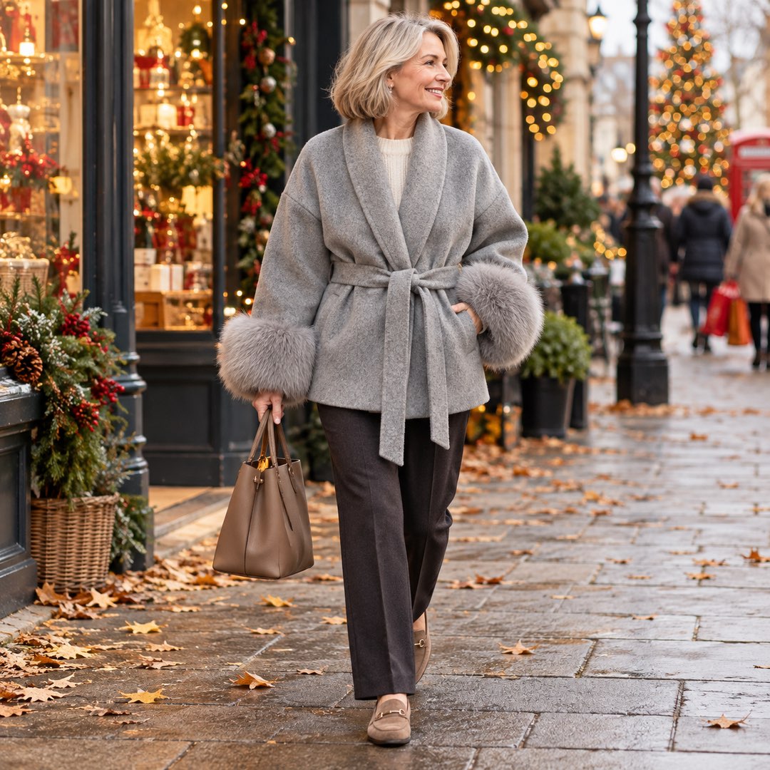 A woman wearing the Dianne Belted Wrap Coat with Faux Fur Cuffs in Grey