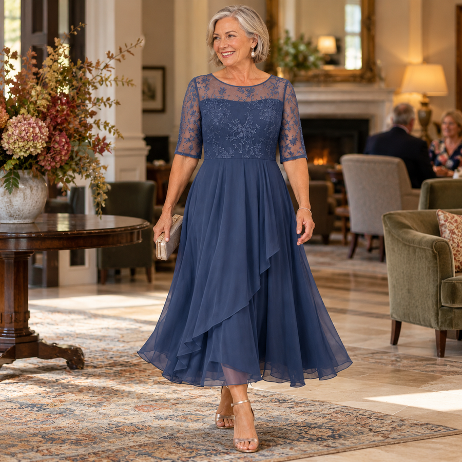 Dianne Lace Bodice Chiffon Midi Dress in Navy, worn out and about