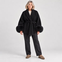 The Dianne Belted Wrap Coat with Faux Fur Cuffs in Black