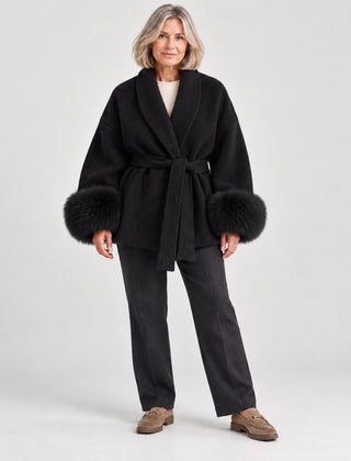 The Dianne Belted Wrap Coat with Faux Fur Cuffs in Black