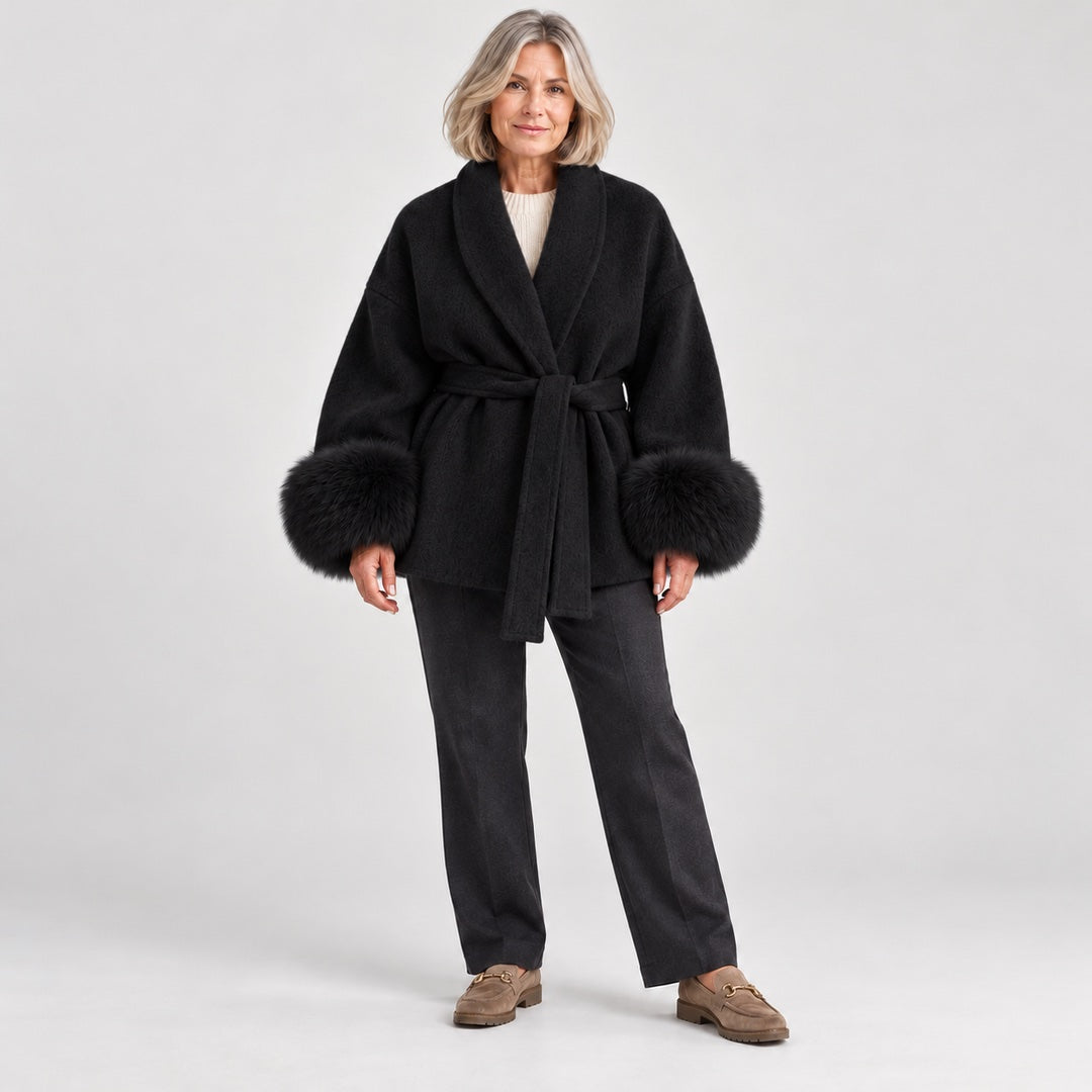 The Dianne Belted Wrap Coat with Faux Fur Cuffs in Black