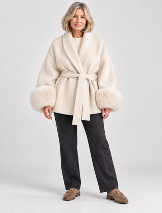 The Dianne Belted Wrap Coat with Faux Fur Cuffs in Cream