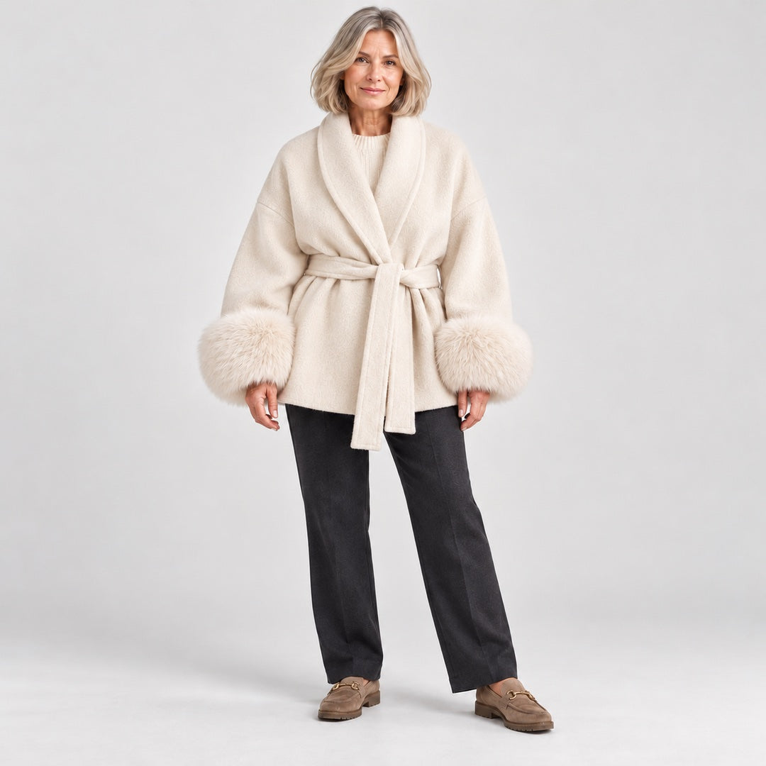 The Dianne Belted Wrap Coat with Faux Fur Cuffs in Cream