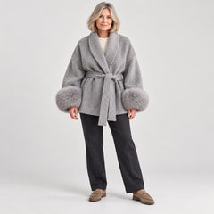 The Dianne Belted Wrap Coat with Faux Fur Cuffs in Grey