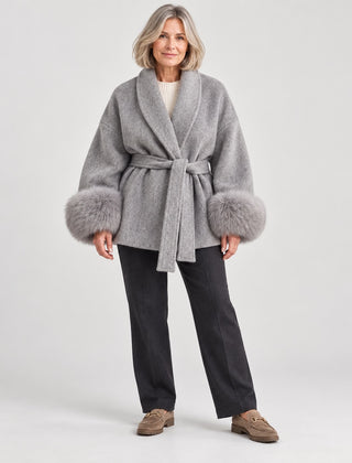 The Dianne Belted Wrap Coat with Faux Fur Cuffs in Grey