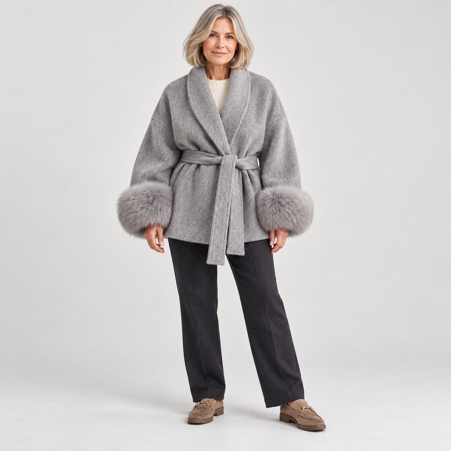 The Dianne Belted Wrap Coat with Faux Fur Cuffs in Grey