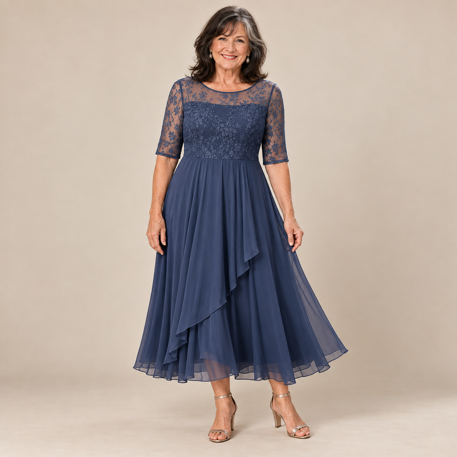 Dianne Lace Bodice Chiffon Midi Dress in Navy