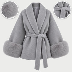 The Dianne Belted Wrap Coat with Faux Fur Cuffs in Grey, with close-ups of the details
