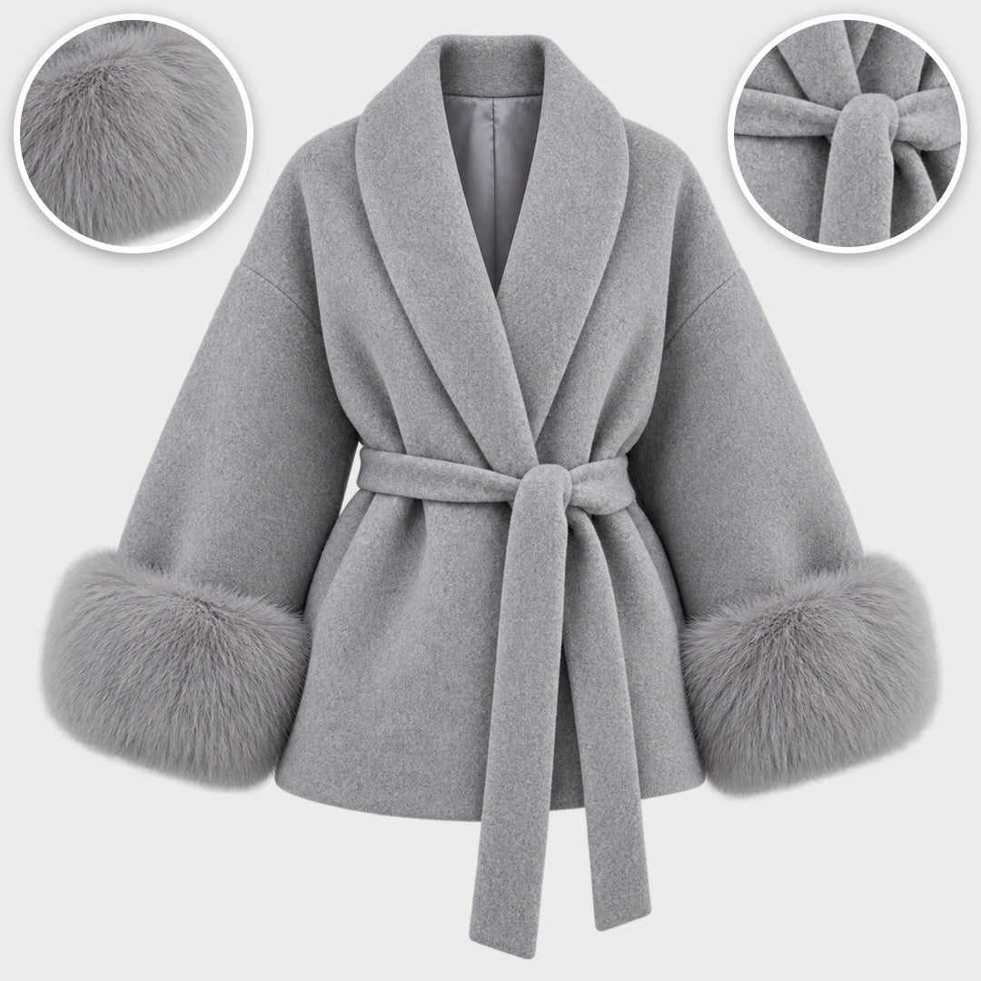 The Dianne Belted Wrap Coat with Faux Fur Cuffs in Grey, with close-ups of the details