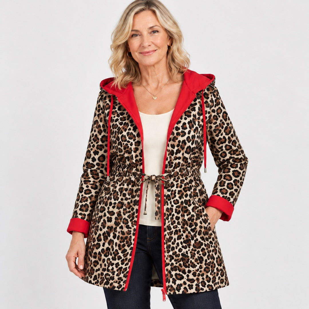 The Donna Reversible Leopard Print Hooded Coat close-up of the fabric