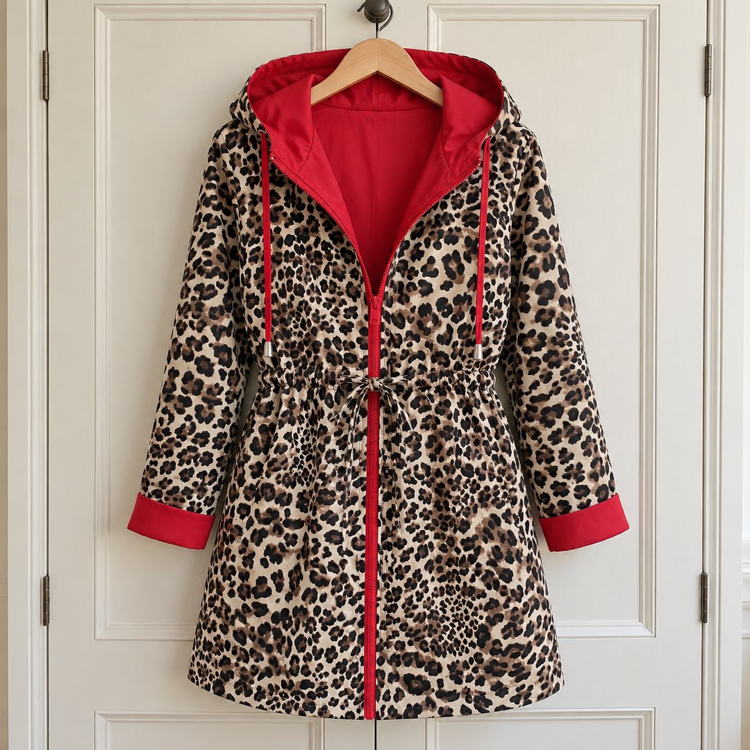 The Donna Reversible Leopard Print Hooded Coat on a hanger