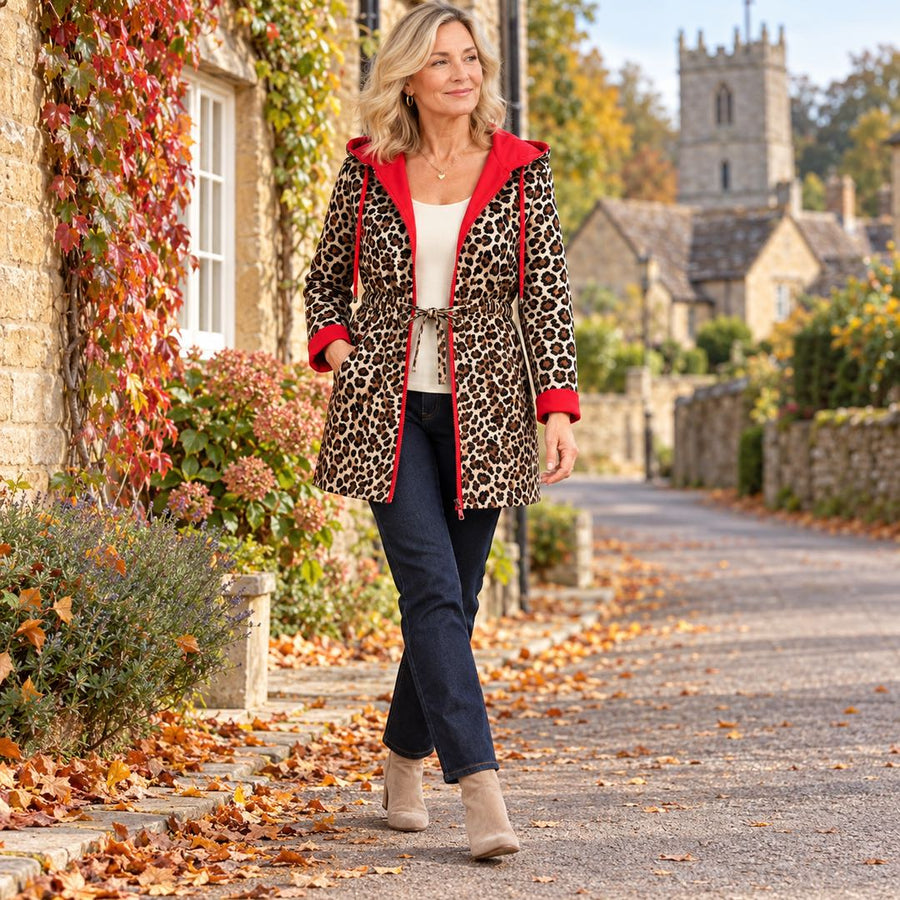 The Donna Reversible Leopard Print Hooded Coat worn out and about