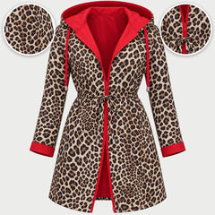 The Donna Reversible Leopard Print Hooded Coat with close-ups of the details
