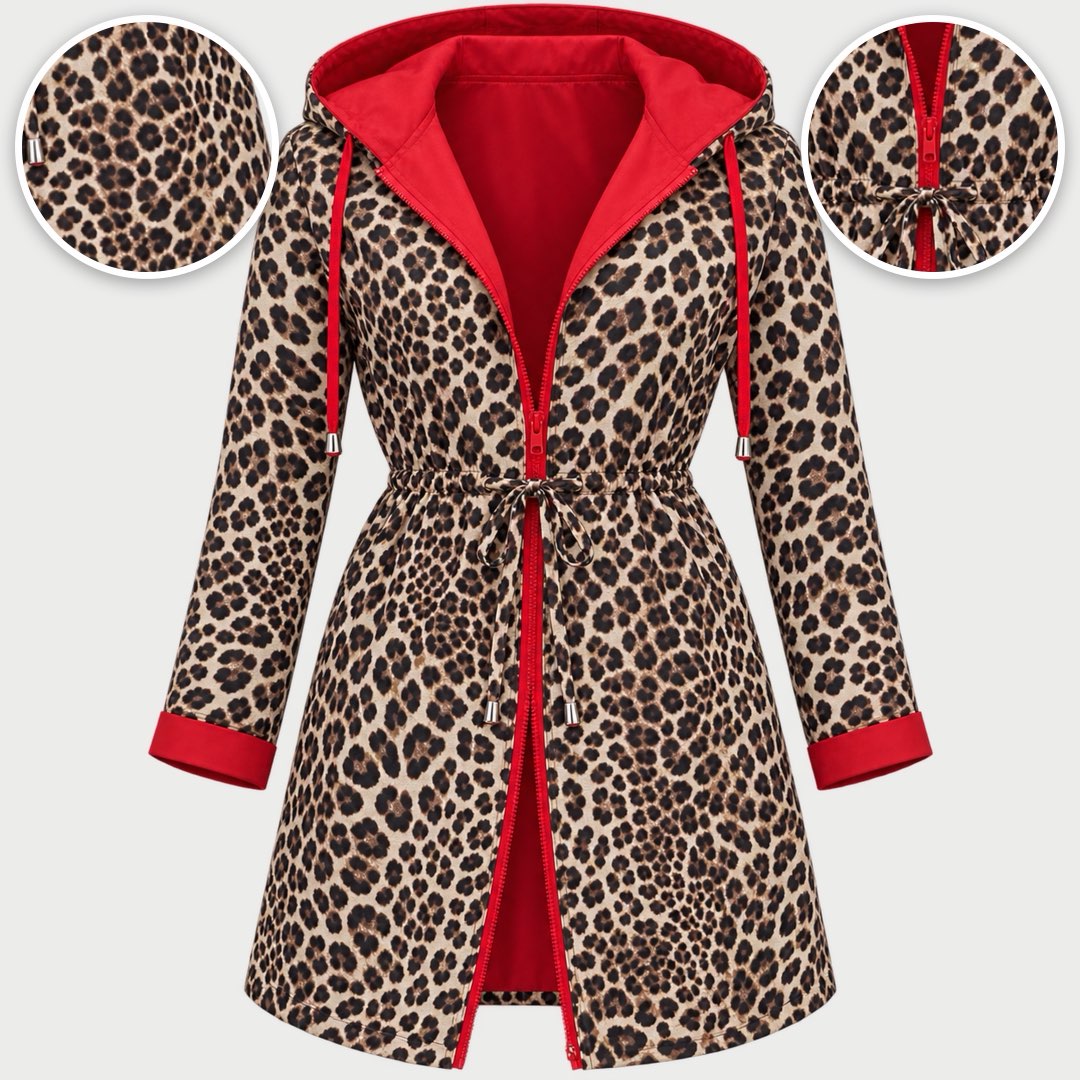 The Donna Reversible Leopard Print Hooded Coat with close-ups of the details