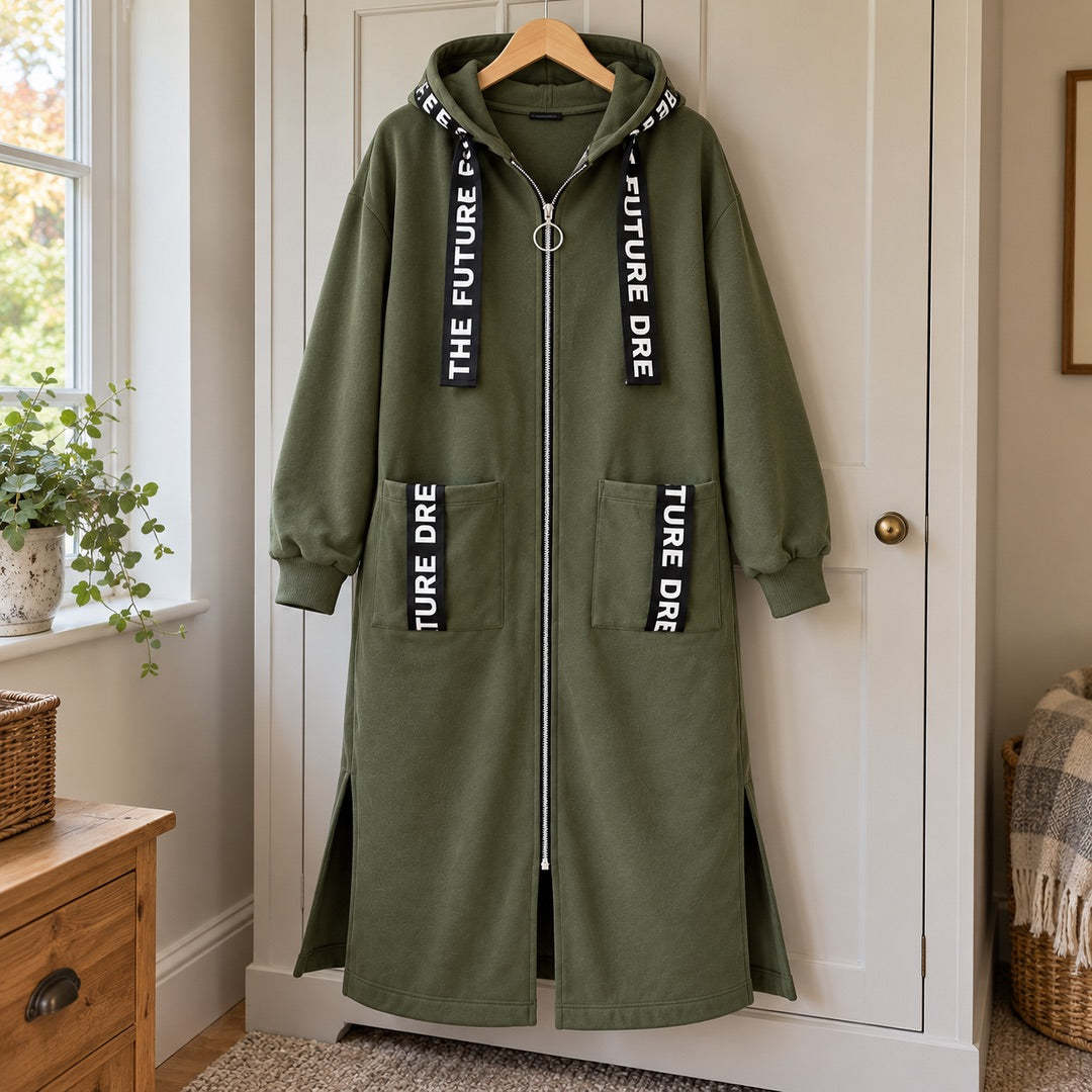 Doreen Long Hooded Zip Coat in Olive on a hanger