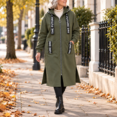 Doreen Long Hooded Zip Coat in Olive, worn out and about