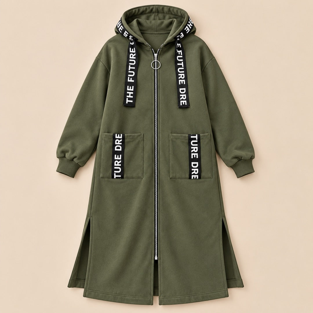 Doreen Long Hooded Zip Coat in Olive, the whole piece laid flat