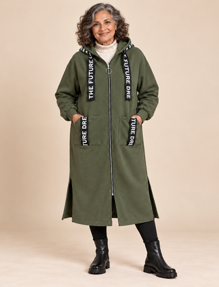Doreen Long Hooded Zip Coat in Olive