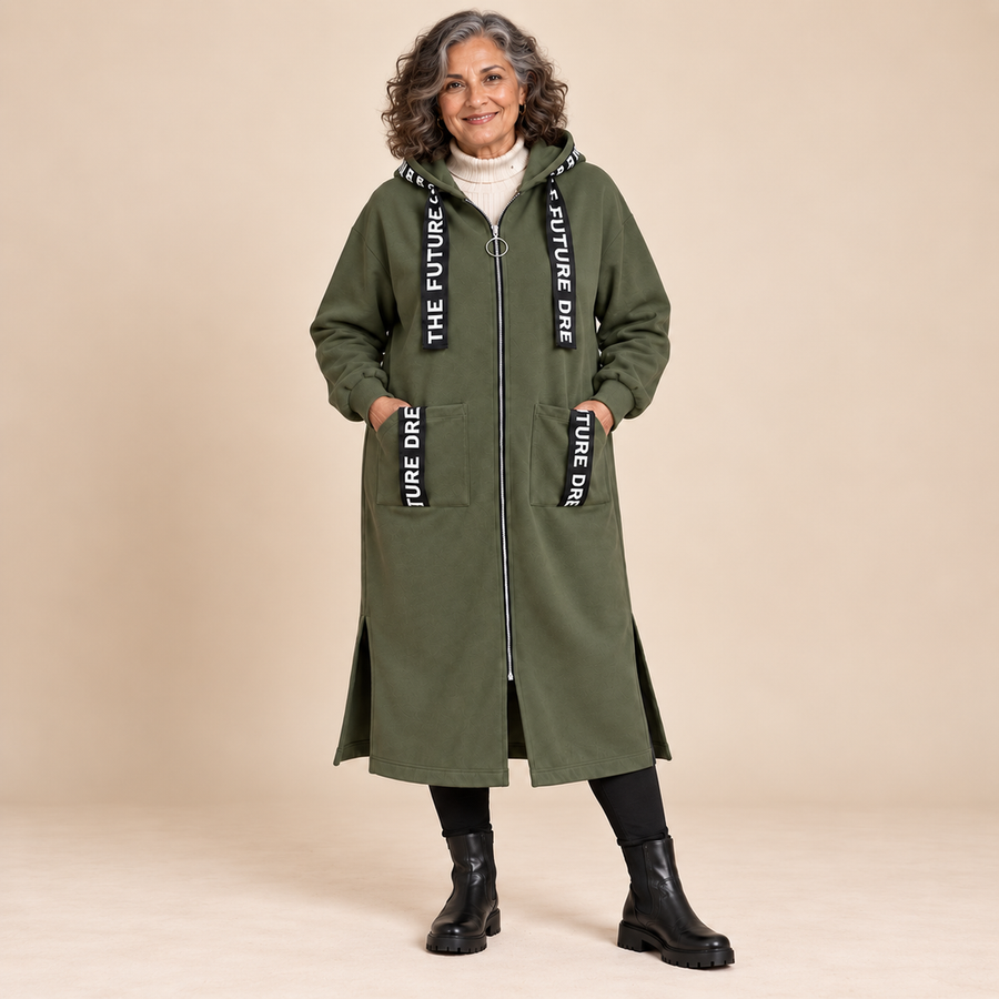 Doreen Long Hooded Zip Coat in Olive