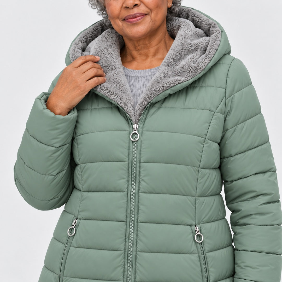 Doris Long Quilted Coat with Fleece-Look Hood in Sage, a closer look at the fit