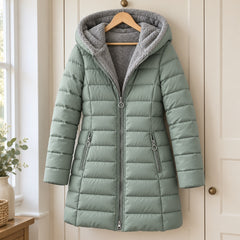 Doris Long Quilted Coat with Fleece-Look Hood in Sage on a hanger