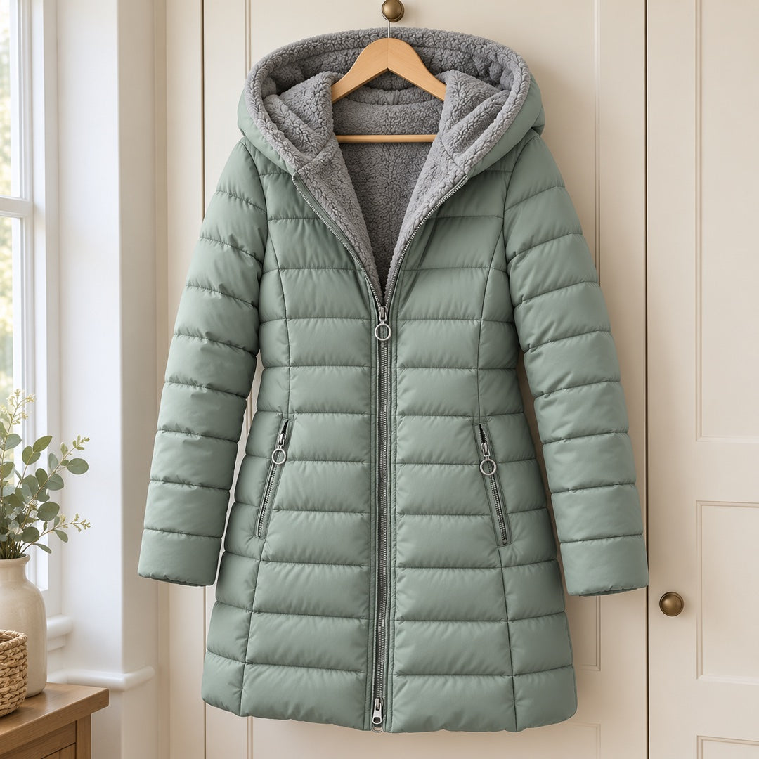 Doris Long Quilted Coat with Fleece-Look Hood in Sage on a hanger