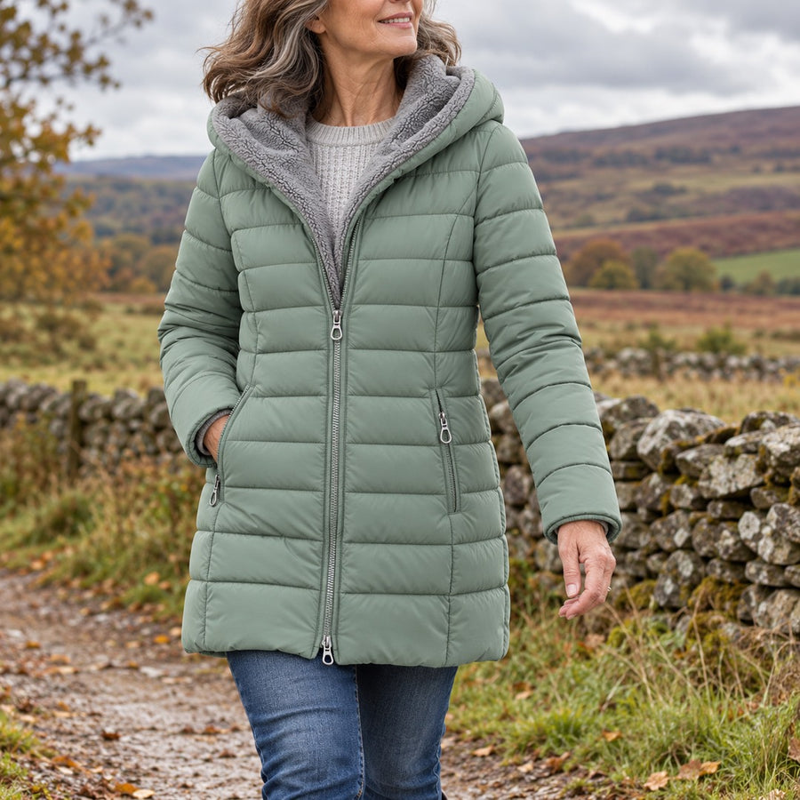 Doris Long Quilted Coat with Fleece-Look Hood in Sage, worn out and about