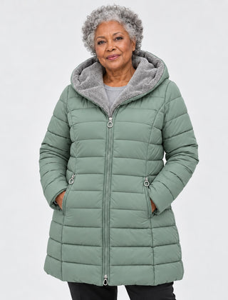 Doris Long Quilted Coat with Fleece-Look Hood in Sage