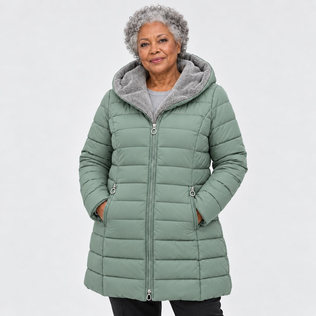 Doris Long Quilted Coat with Fleece-Look Hood in Sage