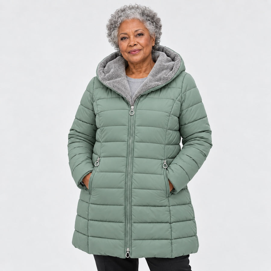 Doris Long Quilted Coat with Fleece-Look Hood in Sage