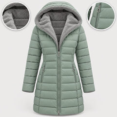 Doris Long Quilted Coat with Fleece-Look Hood in Sage, with close-ups of the details