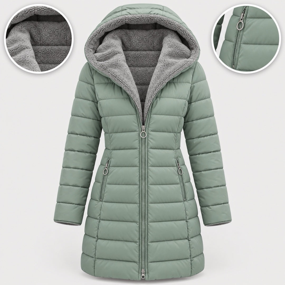 Doris Long Quilted Coat with Fleece-Look Hood in Sage, with close-ups of the details