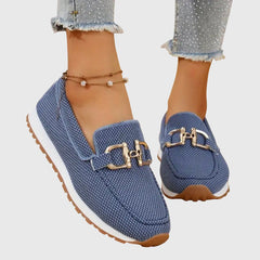 Judy | Gold Buckle Knit Loafer Trainers