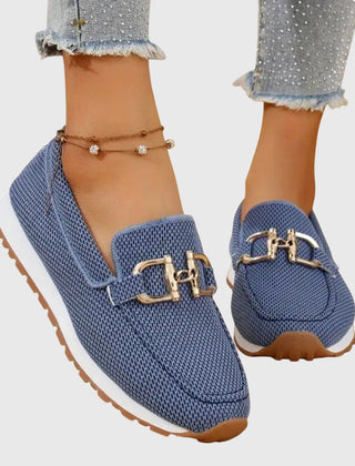 Judy | Gold Buckle Knit Loafer Trainers