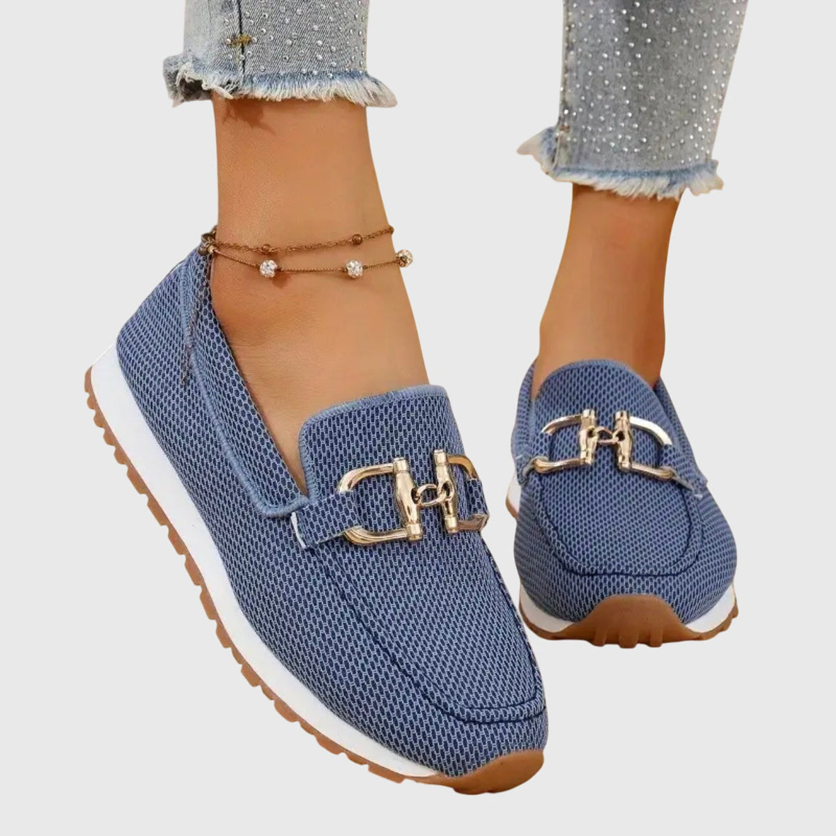 Judy | Gold Buckle Knit Loafer Trainers