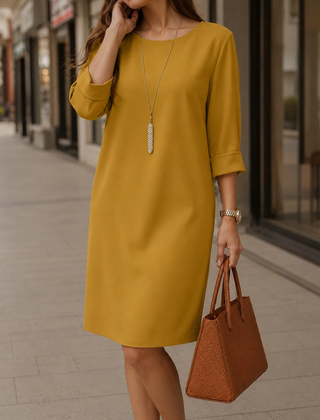 Kathleen Relaxed Roll-Cuff Pocket Dress in Yellow