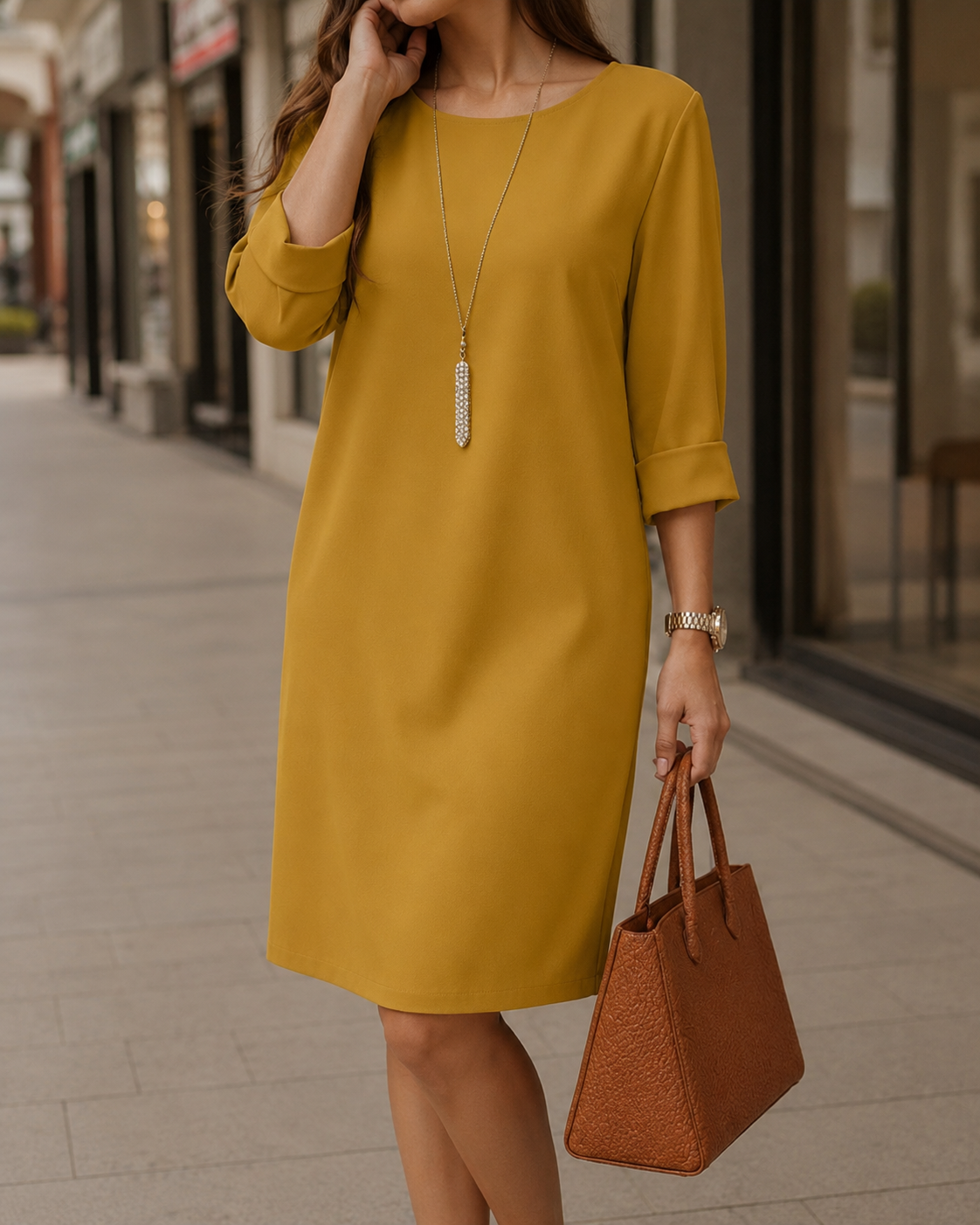 Kathleen Relaxed Roll-Cuff Pocket Dress in Yellow