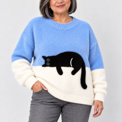 Edna Sleeping Cat Colour-Block Jumper in Blue, a closer look at the fit