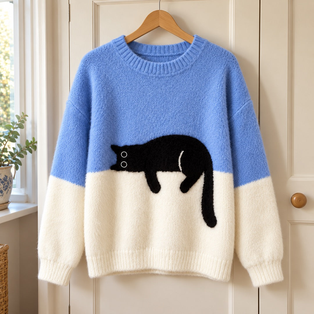 Edna Sleeping Cat Colour-Block Jumper in Blue on a hanger