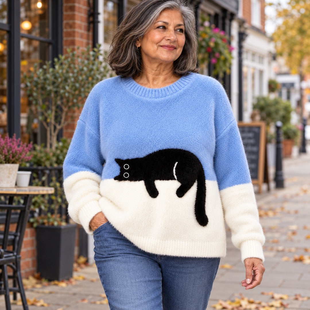 Edna Sleeping Cat Colour-Block Jumper in Blue, worn out and about